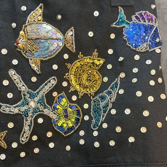 Magid Handmade Beaded Embellished Coastal Fish Tropical Black Tote Shoulder Bag - Picture 11 of 12